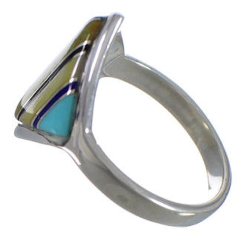 Genuine Sterling Silver And Multicolor Inlay Ring Size 7-3/4 UX34357